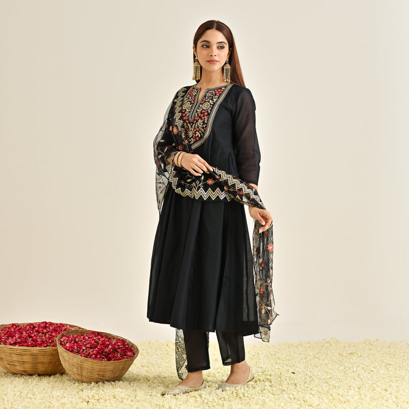 Black Festive Anarkali Set with Embroidered Dupatta & Yoke Detail