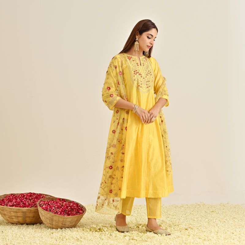 Mango Yellow Festive Anarkali Set with Embroidered Dupatta & Yoke Detail