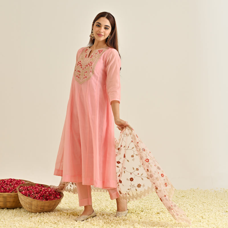 Light Pink Festive Anarkali Set with Embroidered Dupatta & Yoke Detail