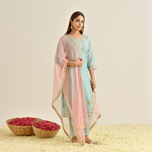 Powder Blue Floral Straight Kurta Set with Yoke Embroidery & Dupatta