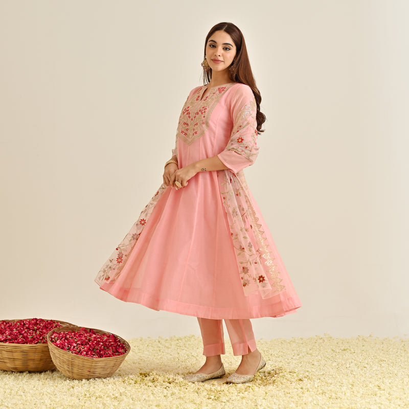 Light Pink Festive Anarkali Set with Embroidered Dupatta & Yoke Detail