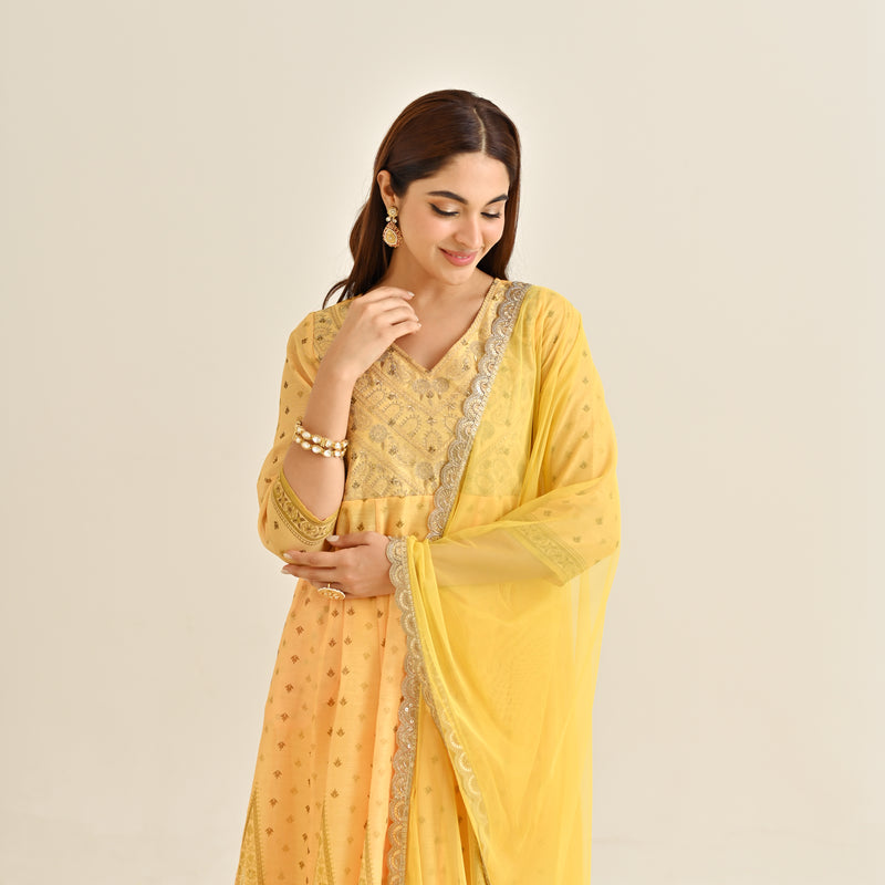 Mango Yellow Traditional Anarkali Set with Yoke Embroidery & Dupatta