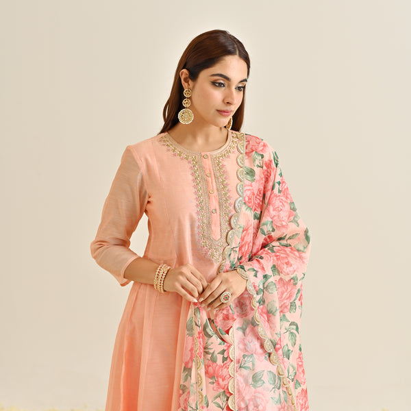 Peach Anarkali Set with Floral Printed Dupatta & Yoke Embroidery