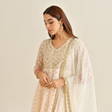 Off White Traditional Anarkali Set with Yoke Embroidery & Dupatta