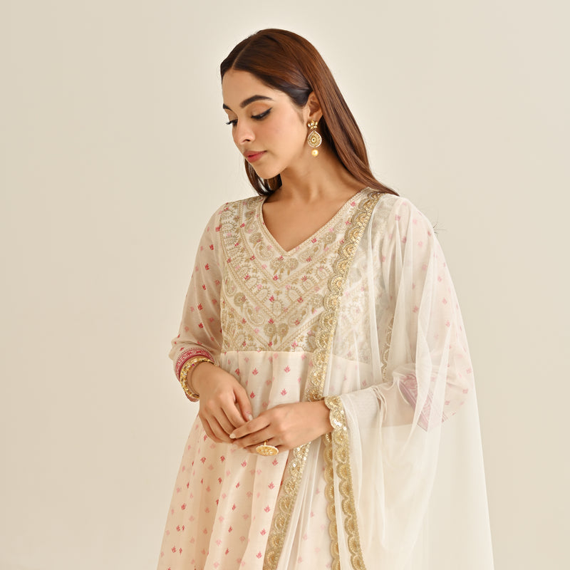 Off White Traditional Anarkali Set with Yoke Embroidery & Dupatta