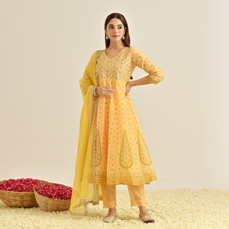 Mango Yellow Traditional Anarkali Set with Yoke Embroidery & Dupatta