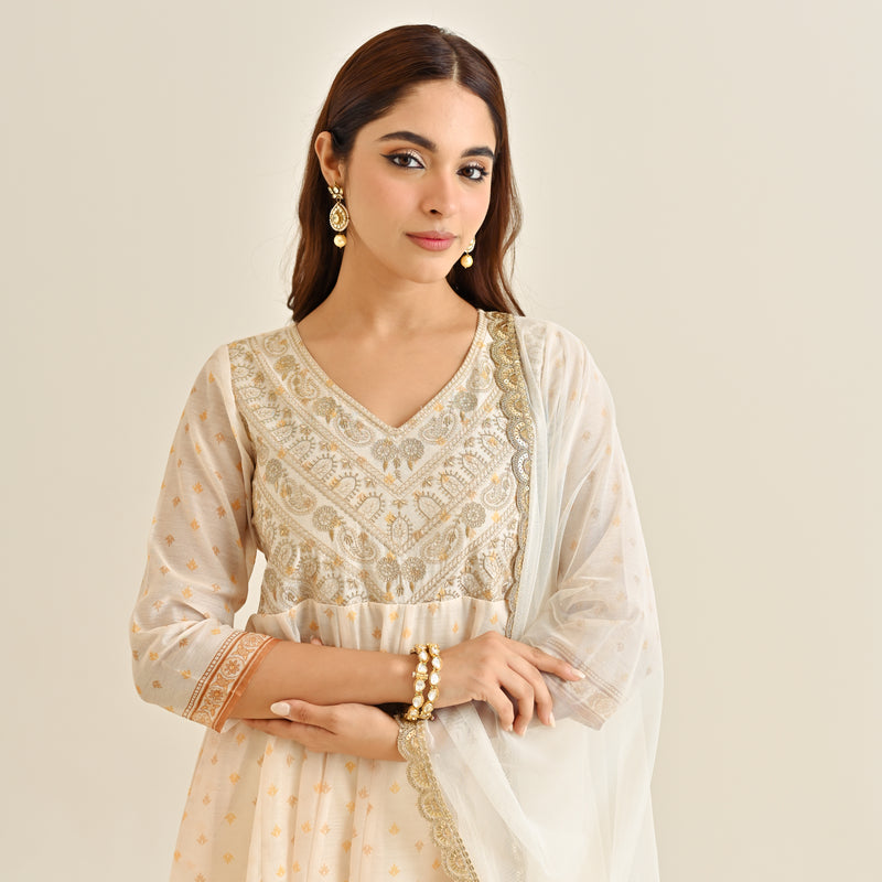 Off White Mustard Traditional Anarkali Set with Yoke Embroidery & Dupatta