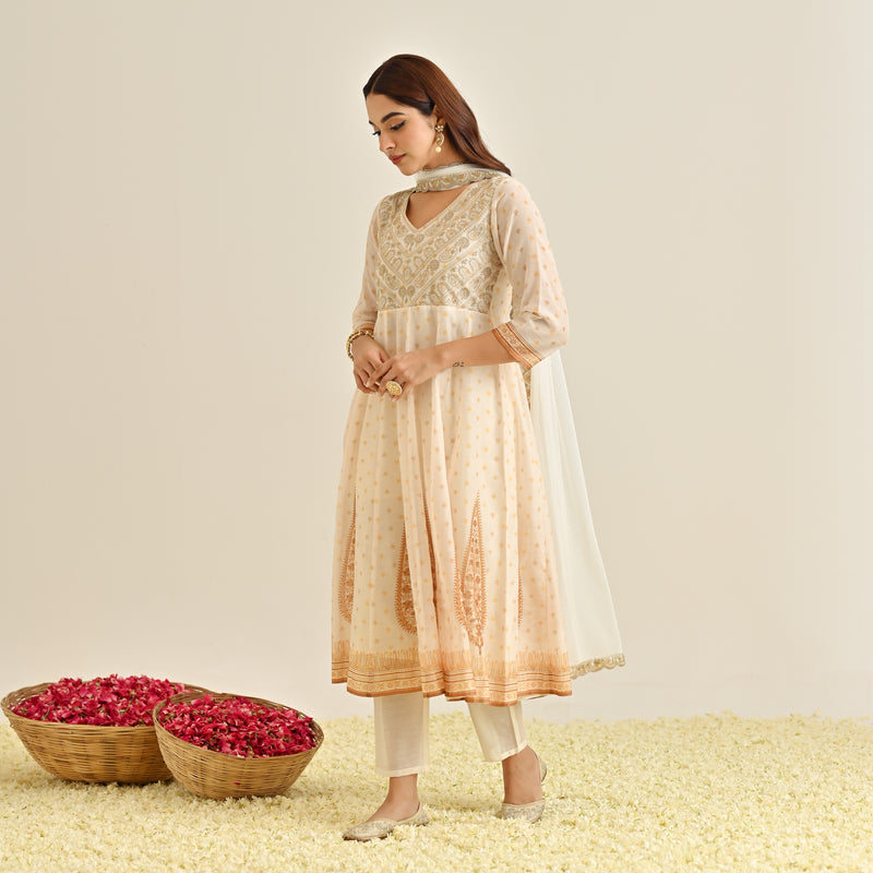 Off White Mustard Traditional Anarkali Set with Yoke Embroidery & Dupatta