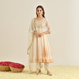 Off White Mustard Traditional Anarkali Set with Yoke Embroidery & Dupatta