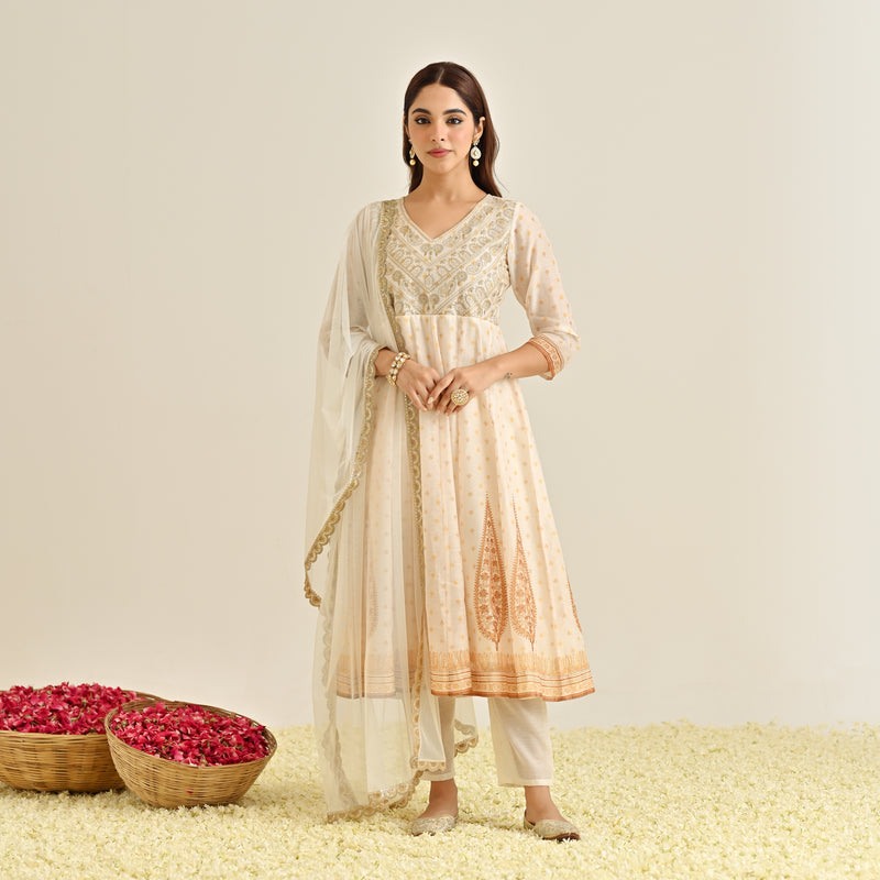 Off White Mustard Traditional Anarkali Set with Yoke Embroidery & Dupatta