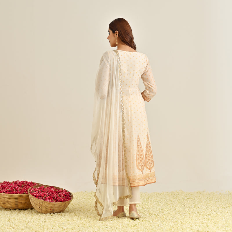 Off White Mustard Traditional Anarkali Set with Yoke Embroidery & Dupatta