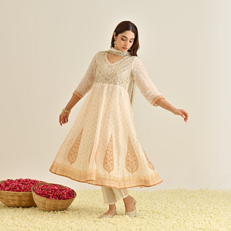 Off White Mustard Traditional Anarkali Set with Yoke Embroidery & Dupatta