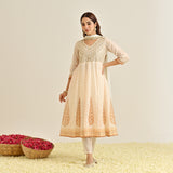 Off White Mustard Traditional Anarkali Set with Yoke Embroidery & Dupatta