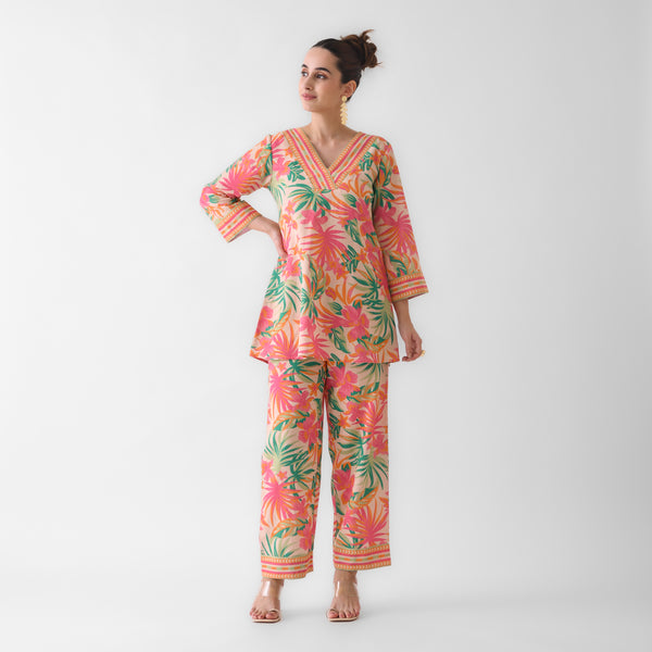 Peach Tropical Cotton Co-ord Set