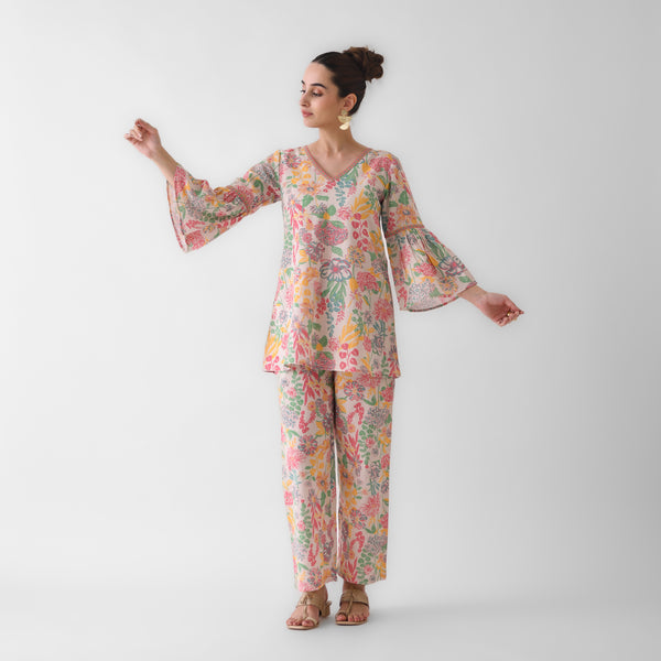 Off White Floral Linen Cotton Co-ord Set with Flared Sleeves