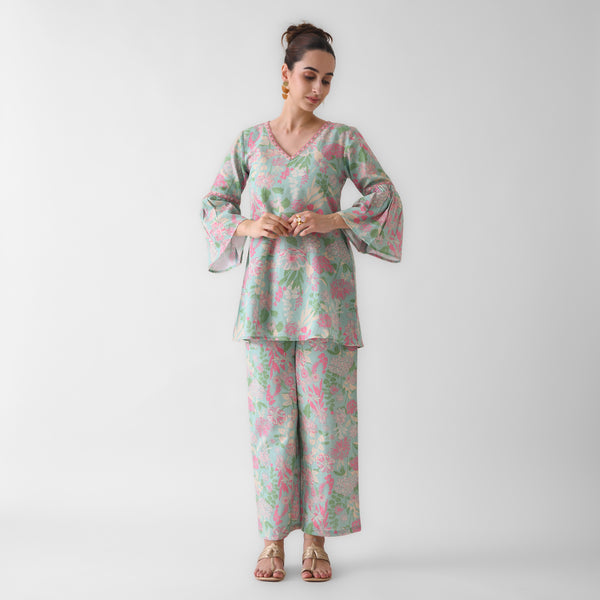 Sky Blue Floral Cotton Co-ord Set with Flared Sleeves