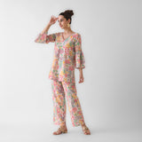 Off White Floral Cotton Co-ord Set with Flared Sleeves