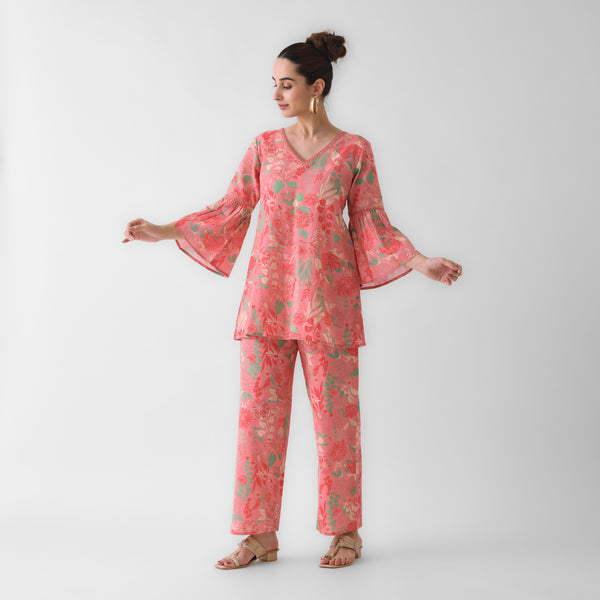 Peach Floral Linen Cotton Co-ord Set with Flared Sleeves