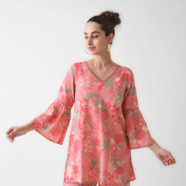 Peach Floral Linen Cotton Co-ord Set with Flared Sleeves