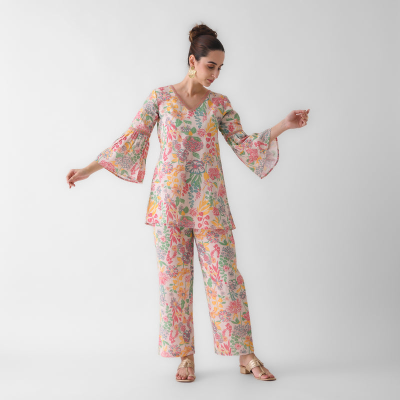 Off White Floral Cotton Co-ord Set with Flared Sleeves