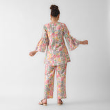 Off White Floral Cotton Co-ord Set with Flared Sleeves