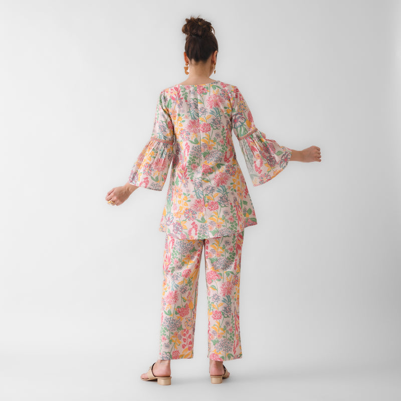 Off White Floral Cotton Co-ord Set with Flared Sleeves