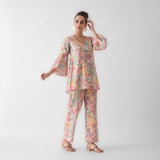 Off White Floral Cotton Co-ord Set with Flared Sleeves