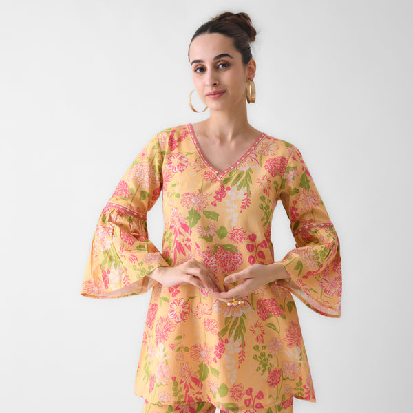 Mango Yellow Floral Linen Cotton Co-ord Set with Flared Sleeves