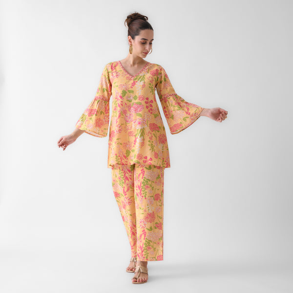 Mango Yellow Floral Linen Cotton Co-ord Set with Flared Sleeves