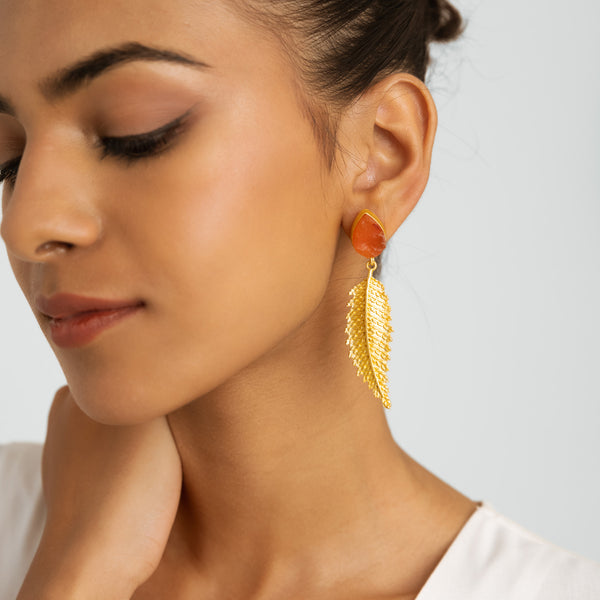 Rain Drop & Leaf Earrings - Rust & Gold