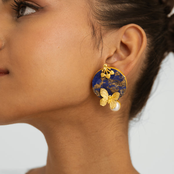 Blue Stone & Pearl Earrings - Gold