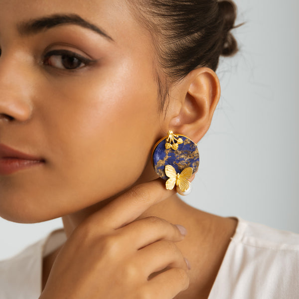 Blue Stone & Pearl Earrings - Gold