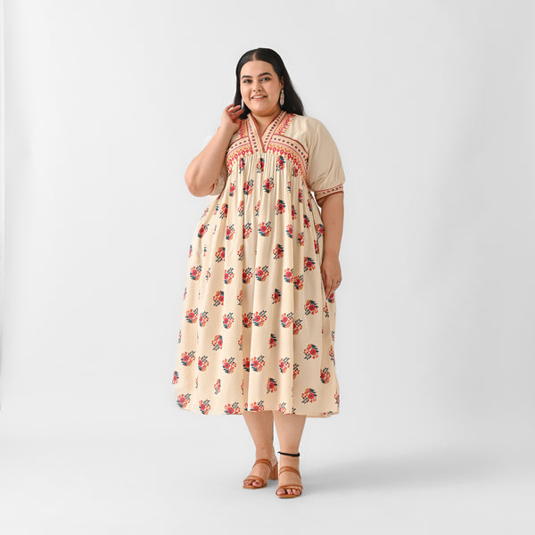 Beige & Pink V Neck Gathered Dress - SOM