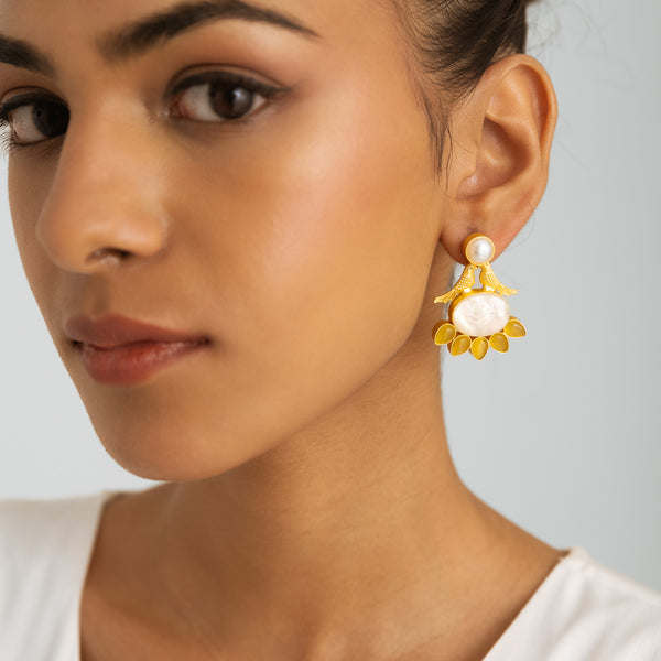 Half Flora Yellow Petal Earrings - Gold