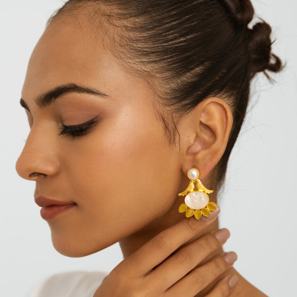 Half Flora Yellow Petal Earrings - Gold