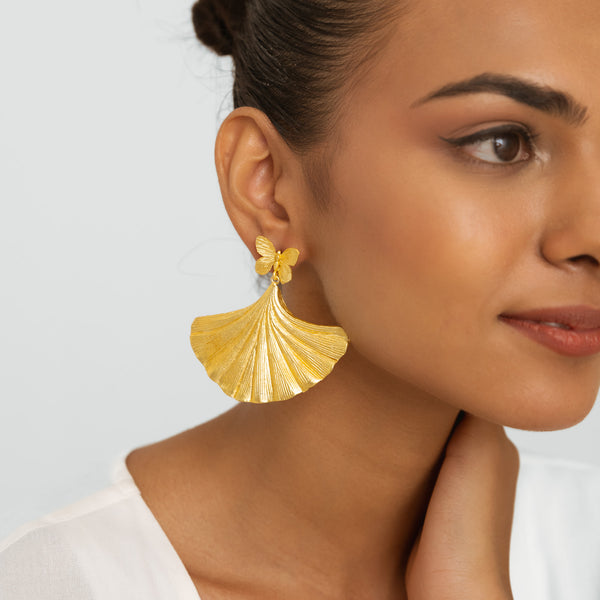 Butterfly & Ginkgo Leaf Earrings - Gold