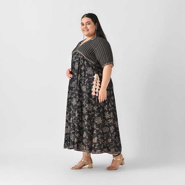 Black Bandhani Inspired Floral Dress - SOM