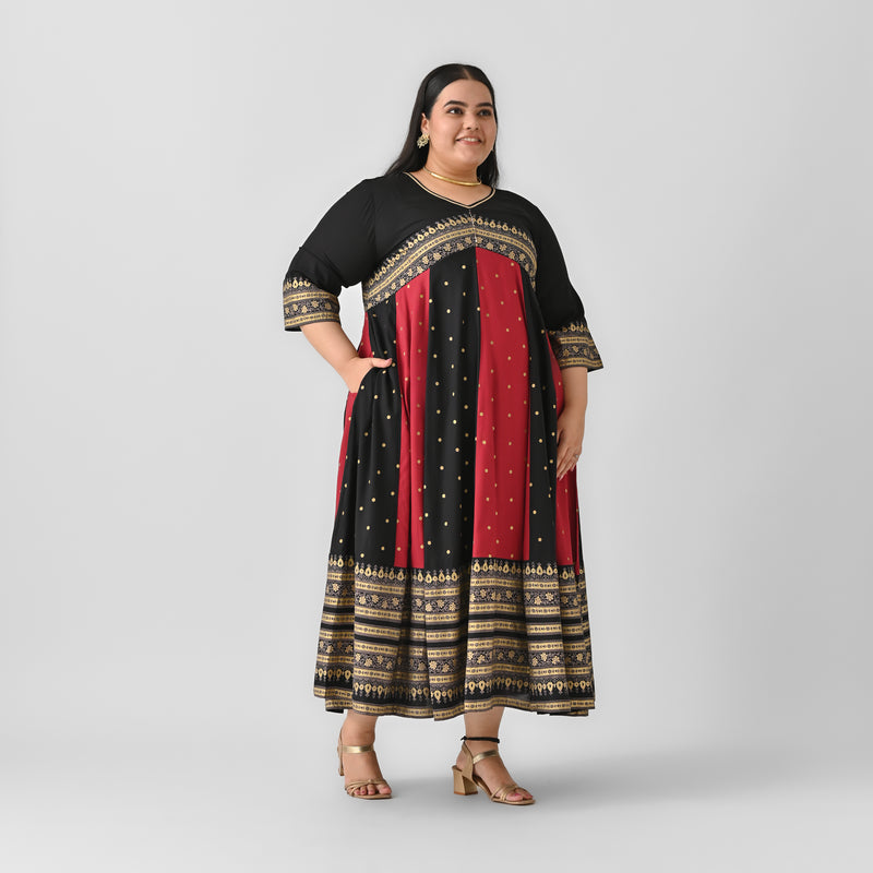 Black & Maroon Long Kalidaar Dress with Border Details - SOM