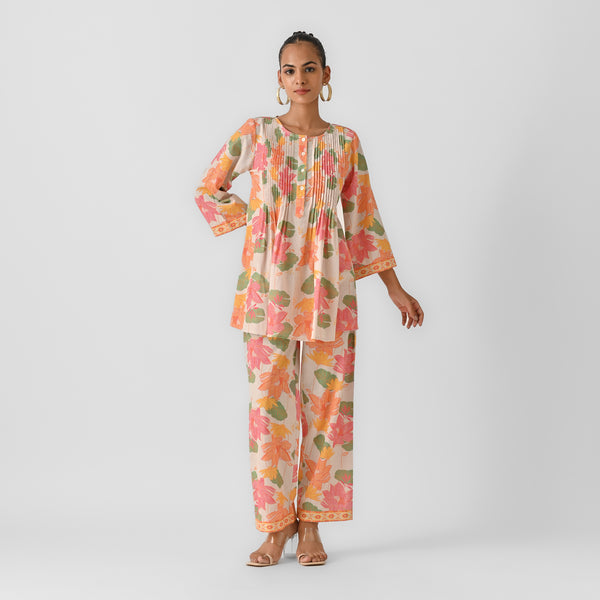 Off White Lotus Cotton Co-ord Set with Pintuck Details