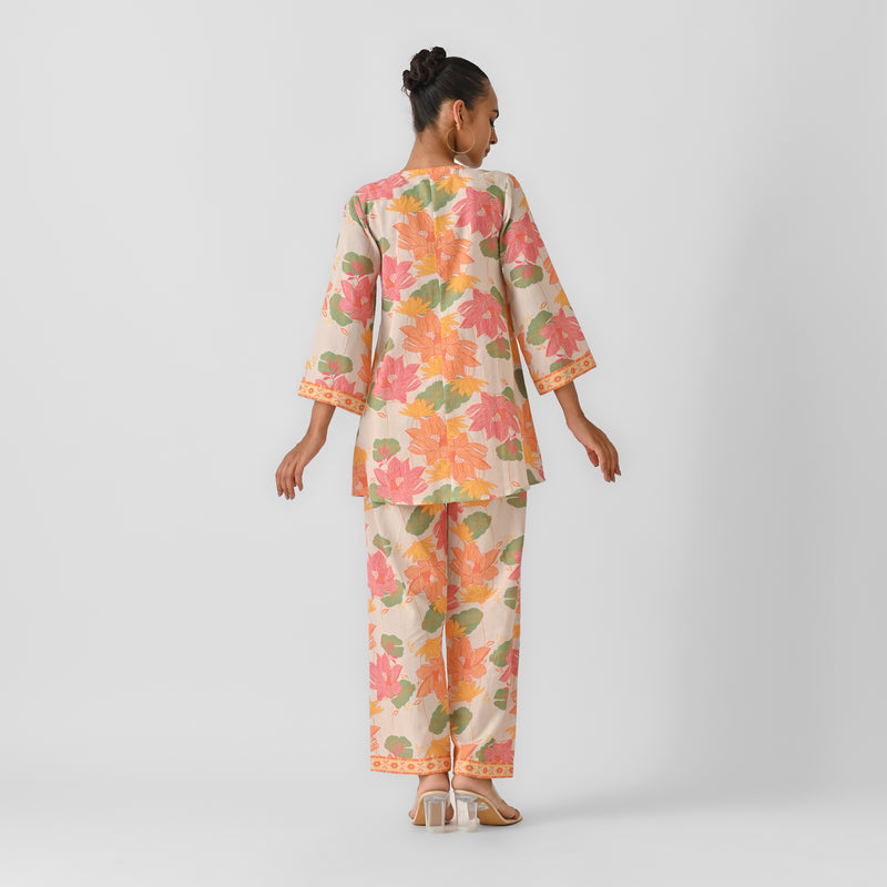 Off White Lotus Cotton Co-ord Set with Pintuck Details