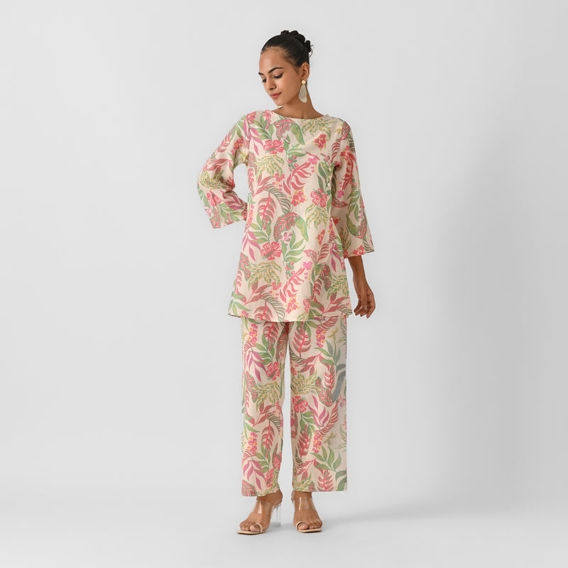 Off White Tropical Cotton Co-ord Set with Button Detail