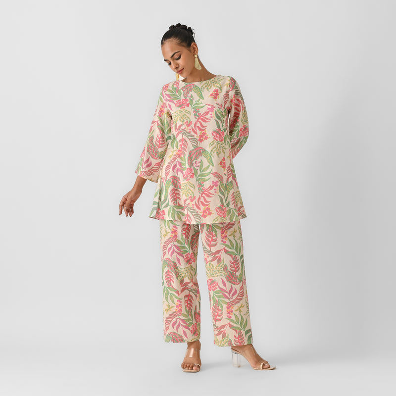 Off White Tropical Cotton Co-ord Set with Button Detail