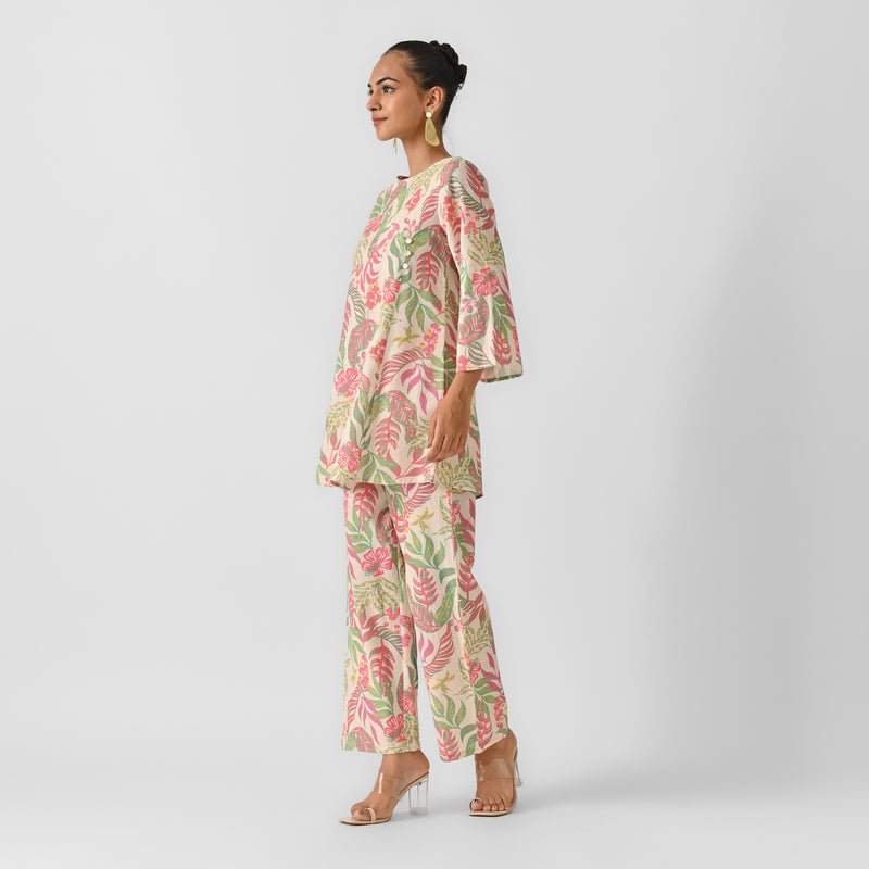 Off White Tropical Cotton Co-ord Set with Button Detail