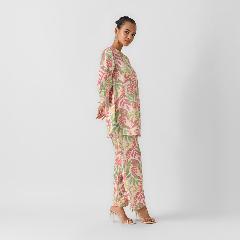 Off White Tropical Cotton Co-ord Set with Button Detail