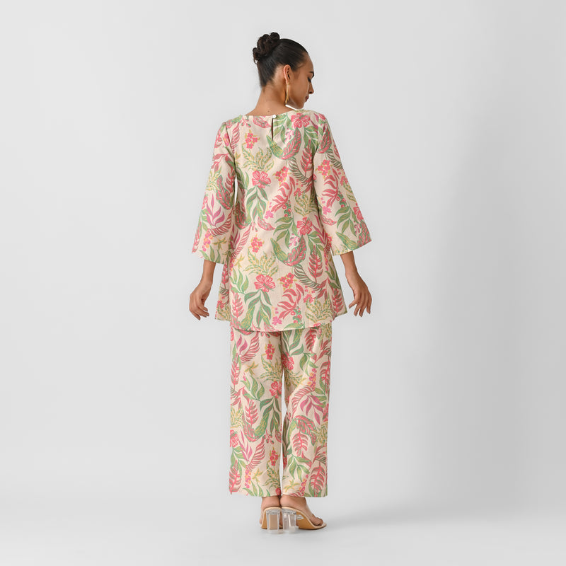 Off White Tropical Cotton Co-ord Set with Button Detail