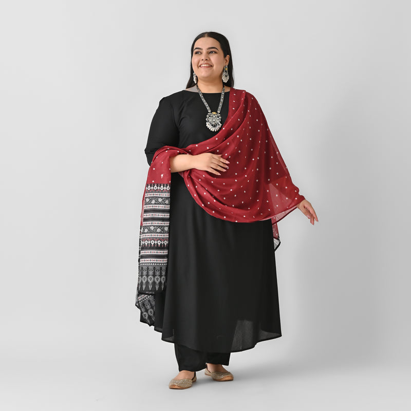 Black Flared Kurta Palazzo Set with Maroon Polka & Black Buta Dupatta - SOM