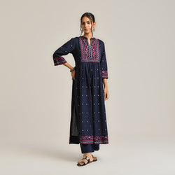 Navy Linen Cotton Jamdani Printed Kurta Set with Side Slit