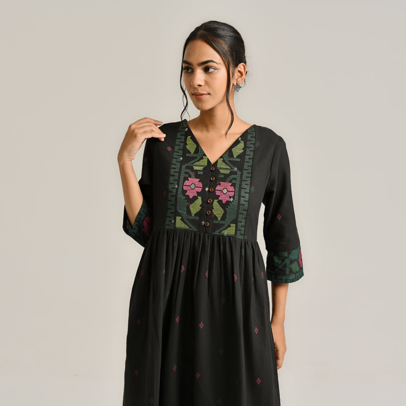 Black Linen Cotton Jamdani Inspired Kurta Set