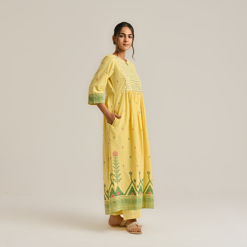 Mango Yellow Linen Cotton Jamdani Printed Kurta with Embroidery