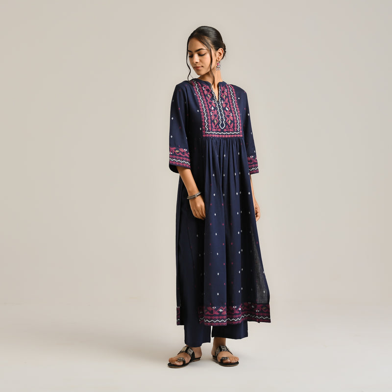 Navy Linen Cotton Jamdani Printed Kurta Set with Side Slit